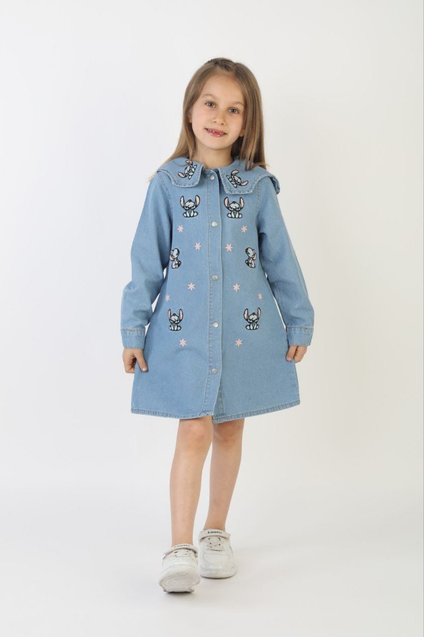 Kız Çocuk Tavşan İşlemeli Mavi Renk Kot Elbise