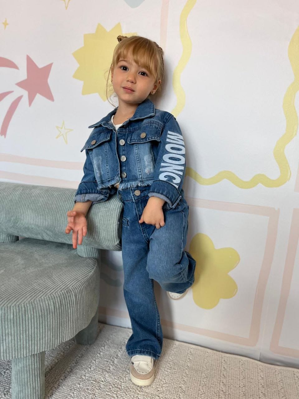 Kız Çocuk Denim Kumaş Ceket Jean Alt Üst Takım