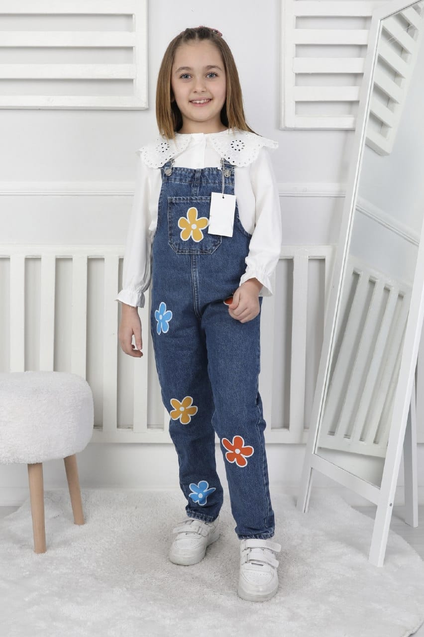 Kız Çocuk Slopet Çocuk Kot Tulum Çiçek Desenli Mavi Slopet