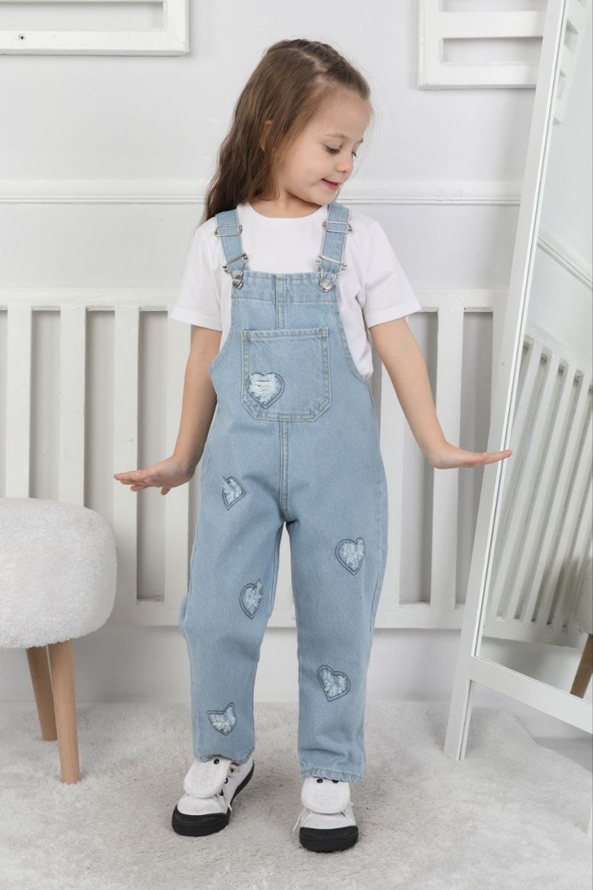 Kız Çocuk Pamuk Denim Slopet Askılı Kot Tulum Mavi