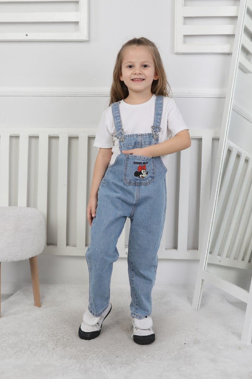 Kız Çocuk Slopet Çocuk Kot Tulum Mickey Mouse Desenli Slopet Açık Mavi