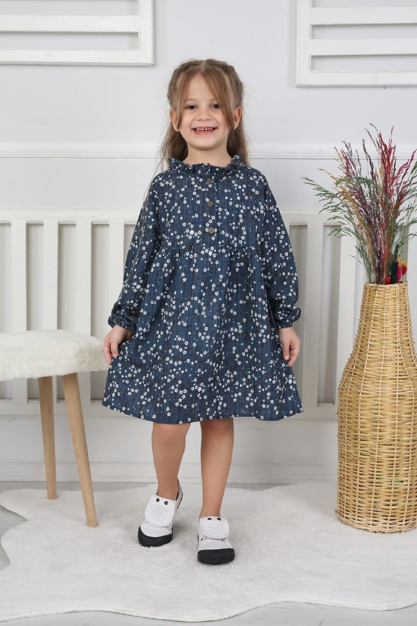 Kız Çocuk  Kendinden Desenli Lacivert Beyaz Çiçekli Elbise
