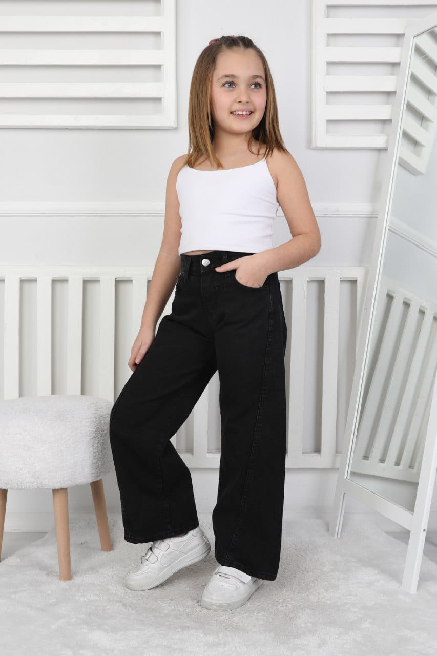 Premium Kalite Siyah Geniş Paça Model Jean Denim Kız Çocuk Pantolon