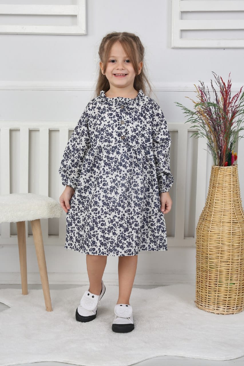 Kız Çocuk  Kendinden Desenli Beyaz Lacivert Çiçekli Elbise