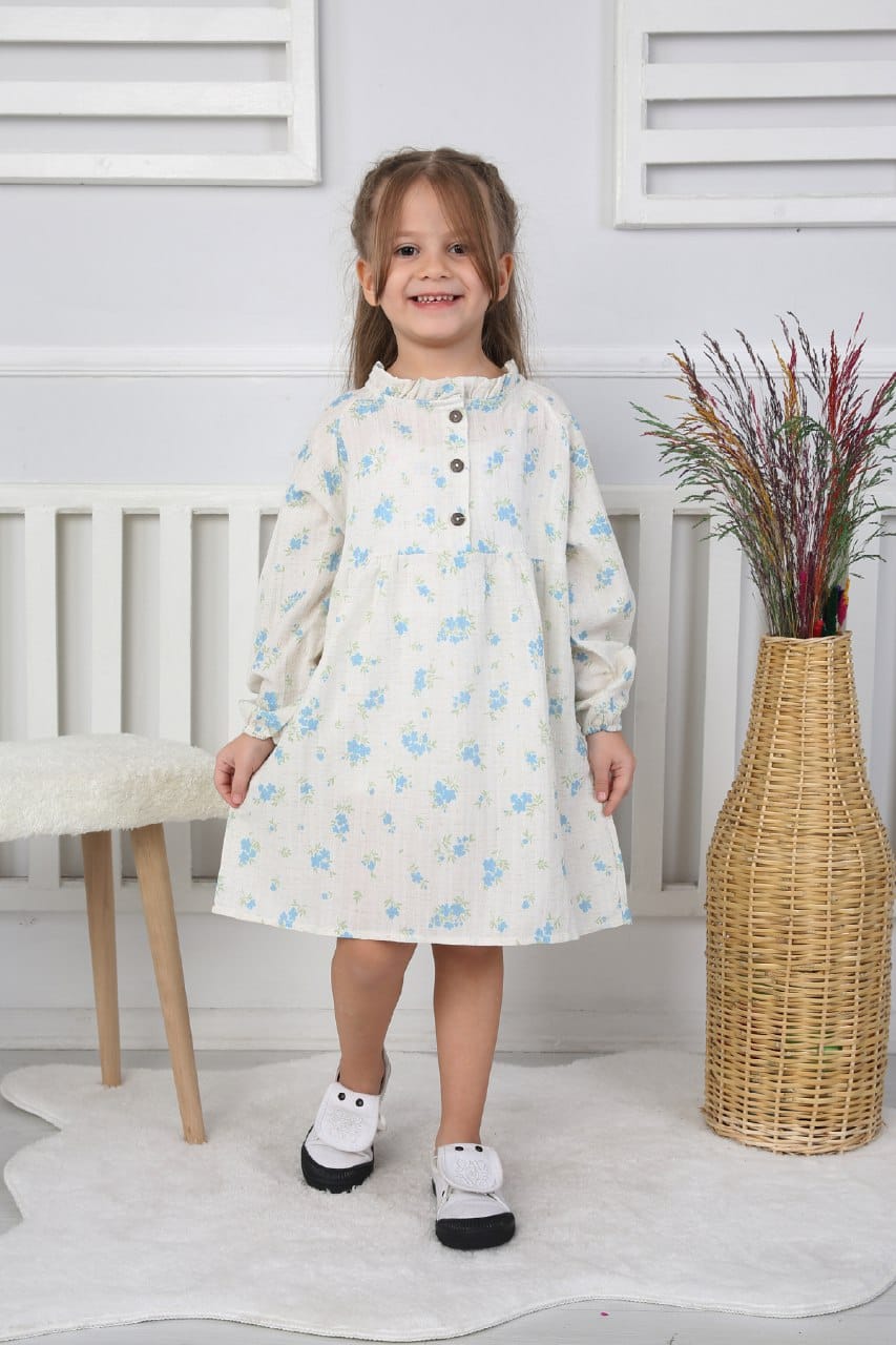 Kız Çocuk  Kendinden Desenli Beyaz Mavi Çiçekli Elbise